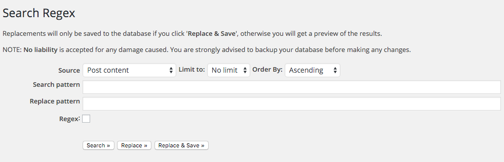 Pantalla del plugin Search RegEx
