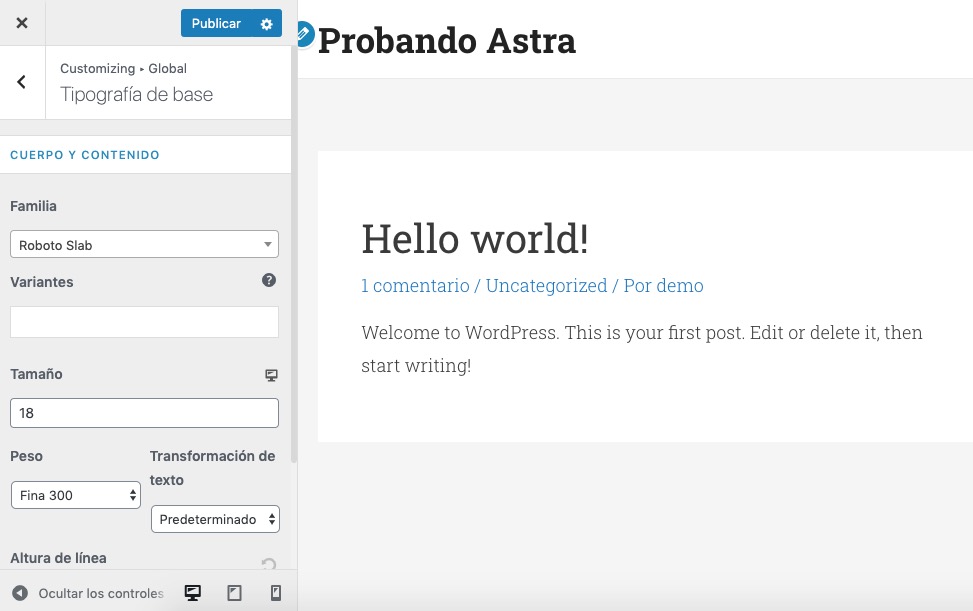 Tipografía en el tema Astra para WordPress