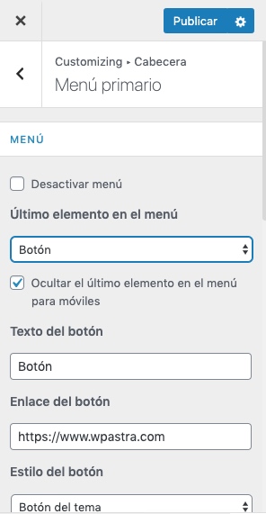 CTA en el menú de Astra gratuito