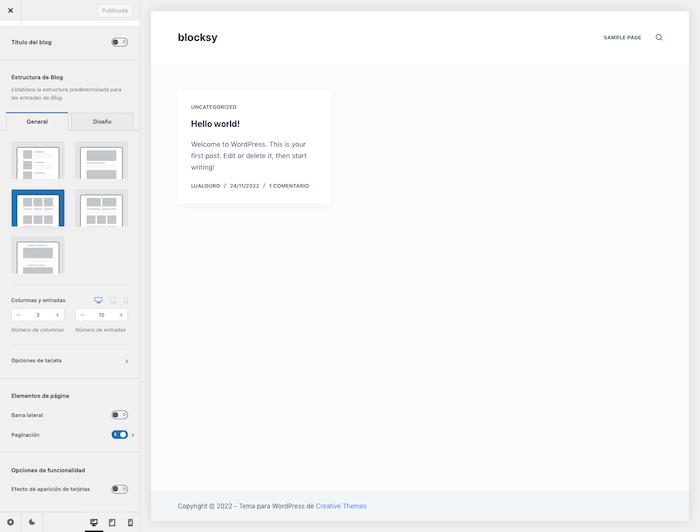 Opciones de blog en el tema Blocksy