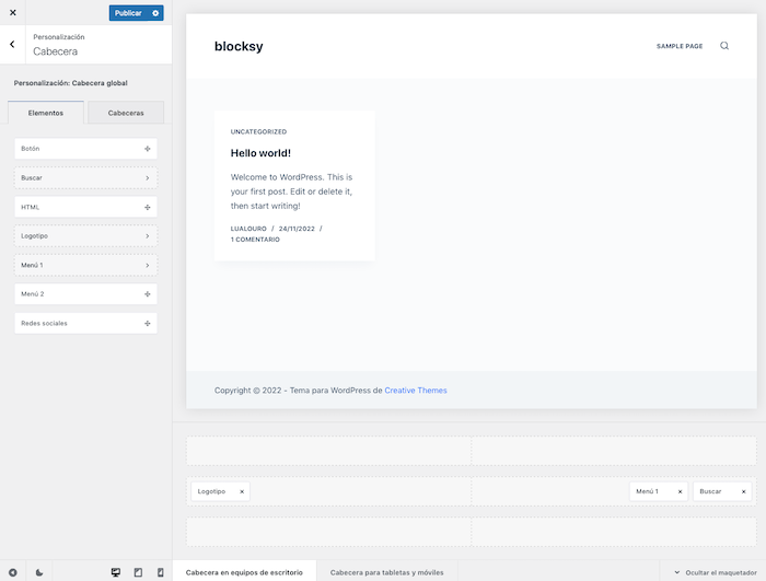 Opciones de cabecera en el tema Blocksy
