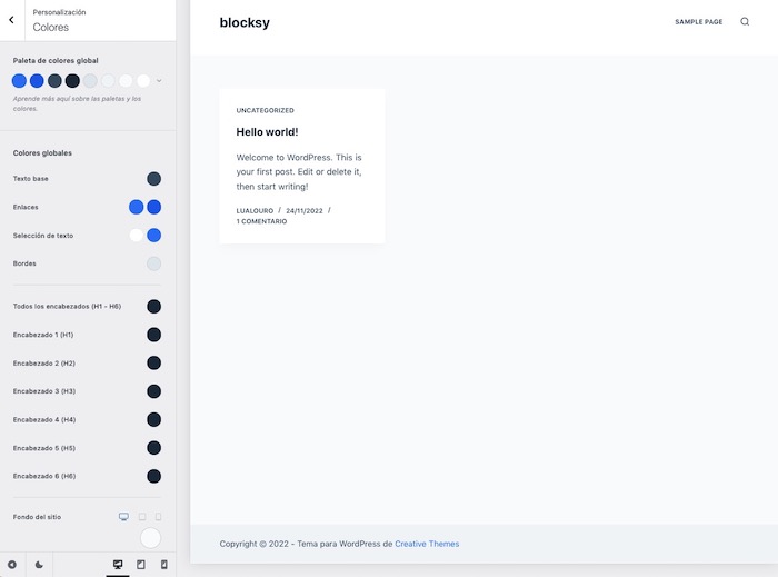 Opciones de color en el tema Blocksy