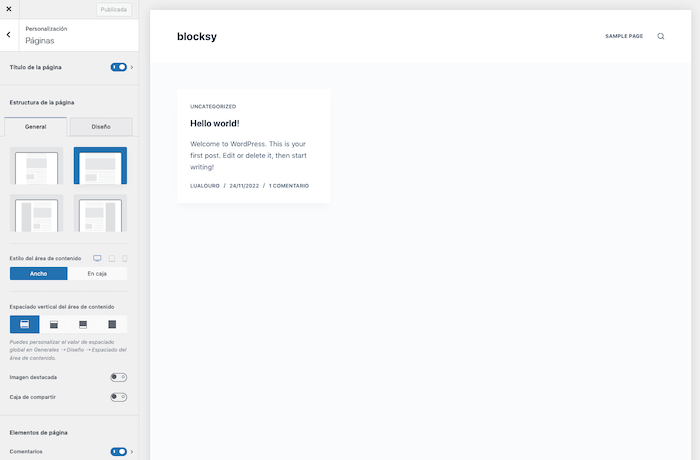 Opciones de página en el tema Blocksy