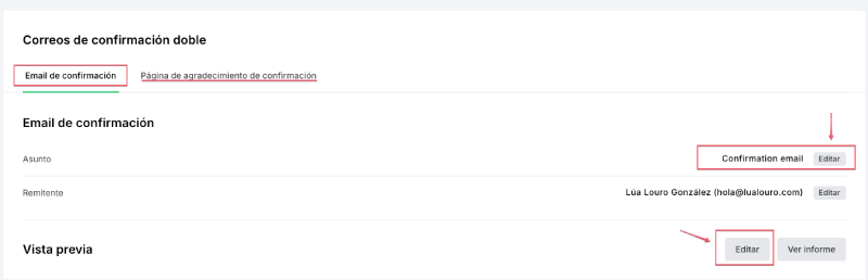 Opciones para personalizar el email de confirmación de MailerLite