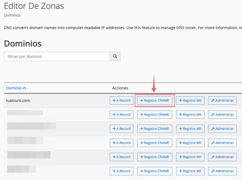 Añadir registro CNAME en las zonas DNS del dominio